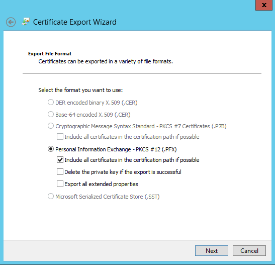 Exporting the certificate 
